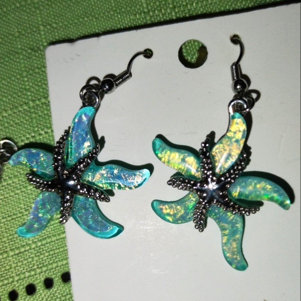 Starfish Blue and Silver Tone Beach Earrings